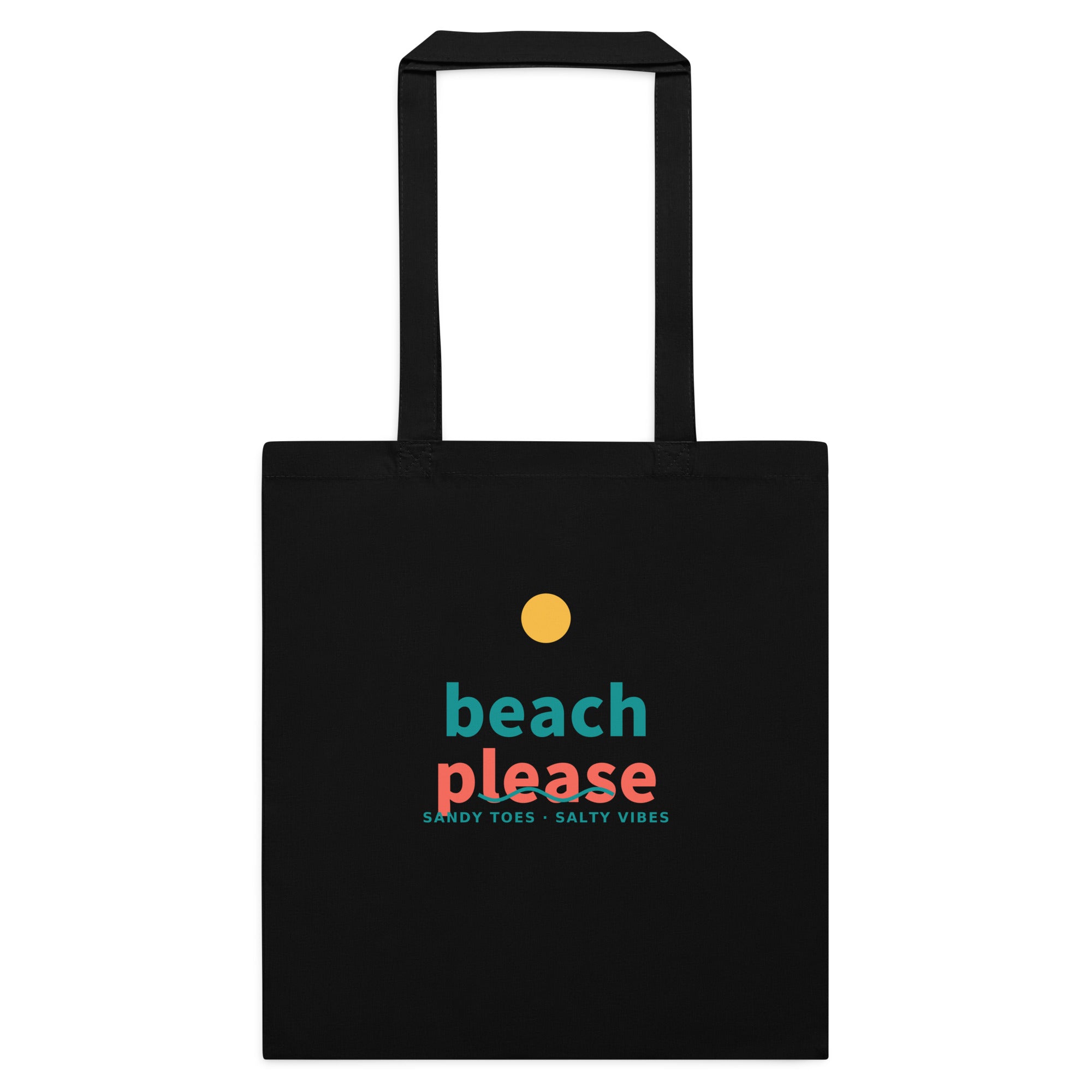Beach Please canvas tote bag in black with playful summer print and sturdy handles