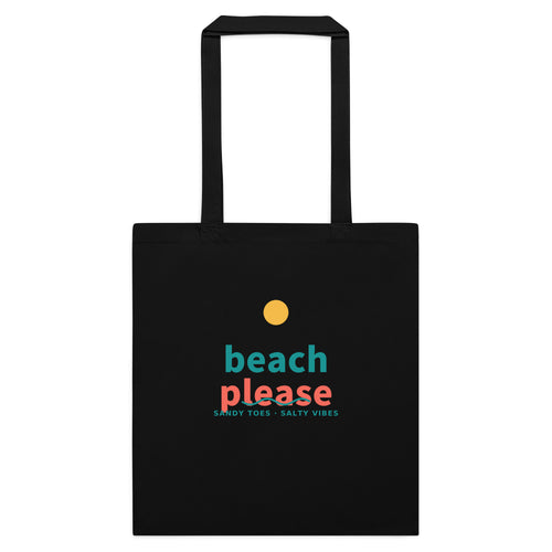 Beach Please canvas tote bag in black with playful summer print and sturdy handles