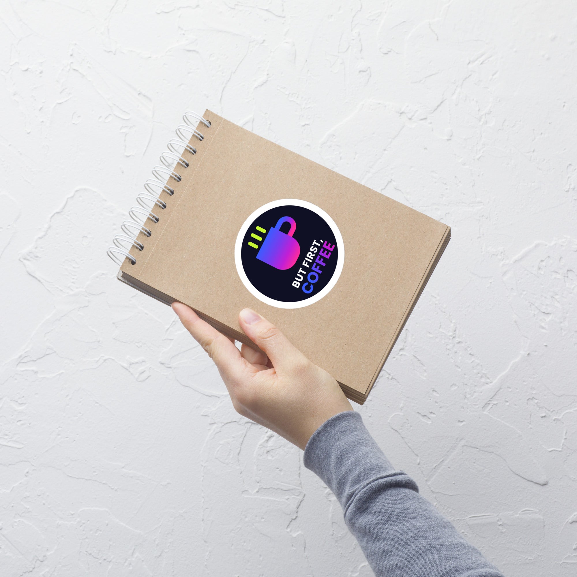 But First, Coffee Kiss-Cut Sticker — TrendChase gradient design on dark navy