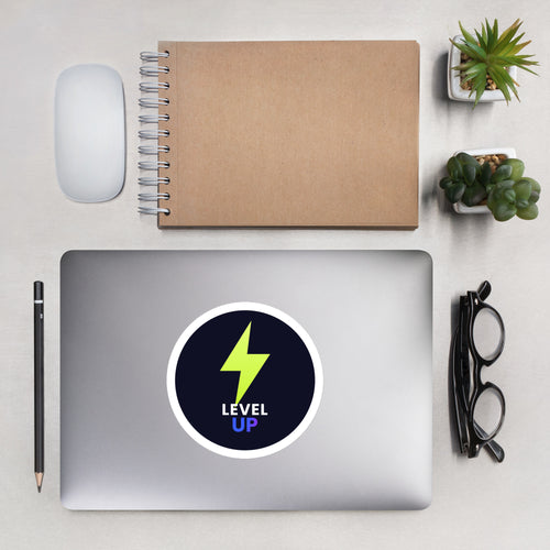 Level Up Lightning Kiss-Cut Sticker — TrendChase gradient design on dark navy
