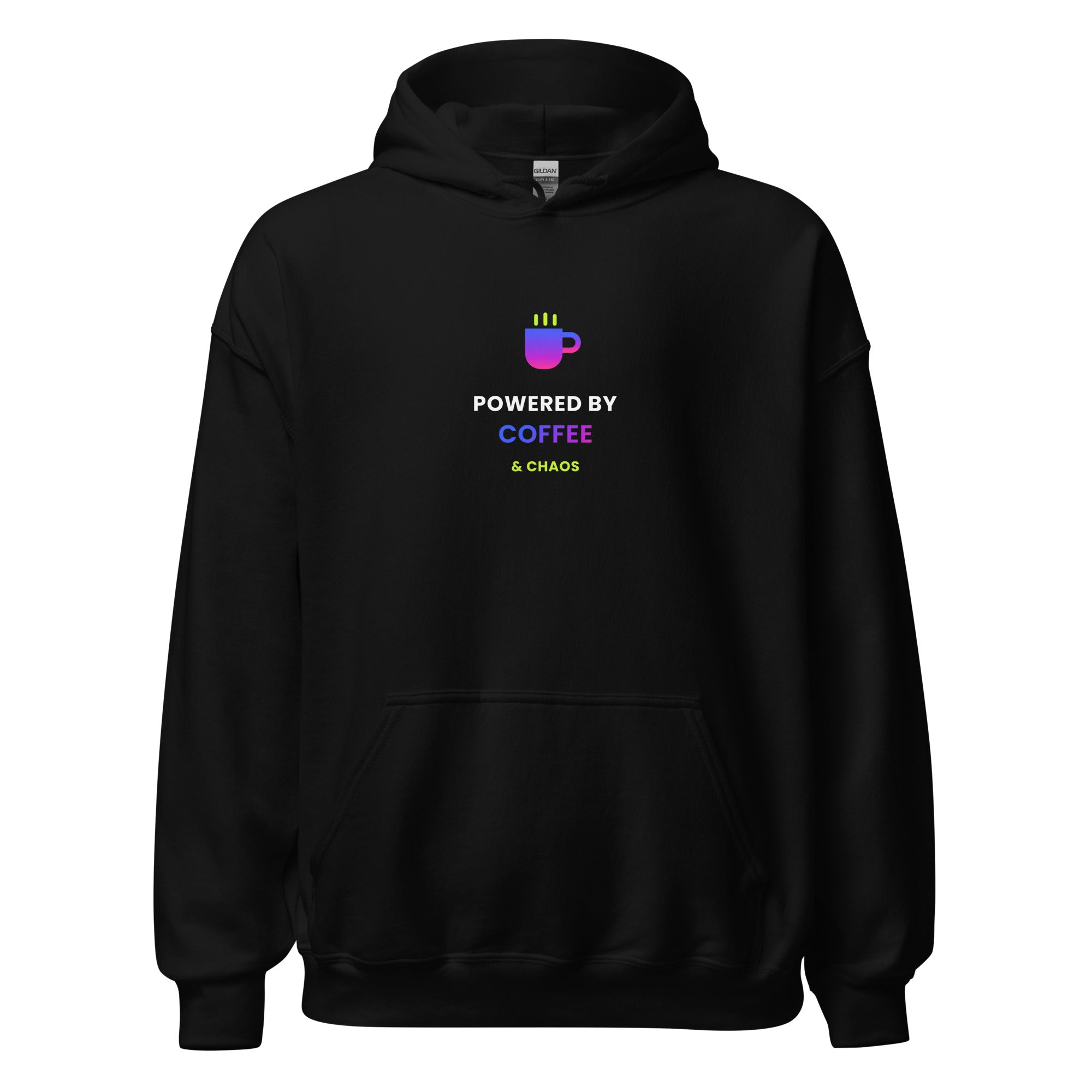 Powered by Coffee & Chaos Hoodie — TrendChase gradient design on dark navy