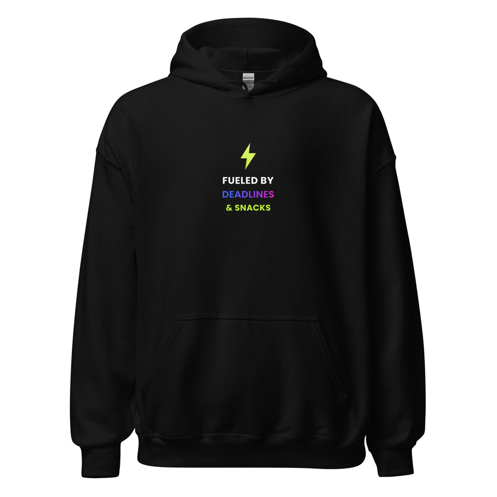 Fueled by Deadlines & Snacks Hoodie — TrendChase gradient design on dark navy