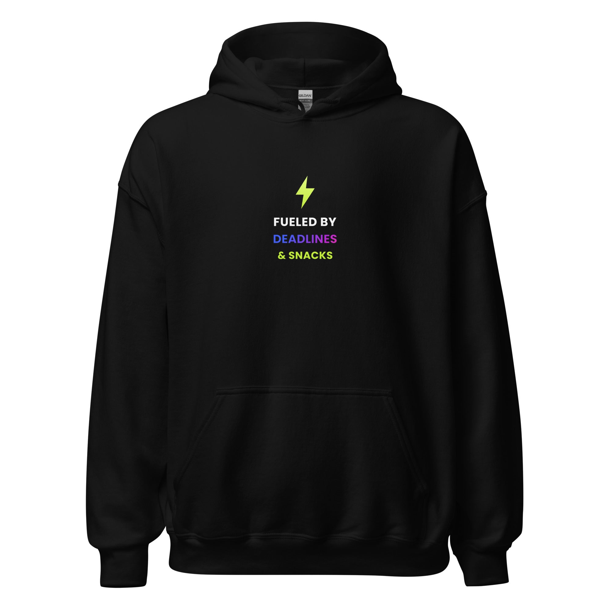 Fueled by Deadlines & Snacks Hoodie — TrendChase gradient design on dark navy
