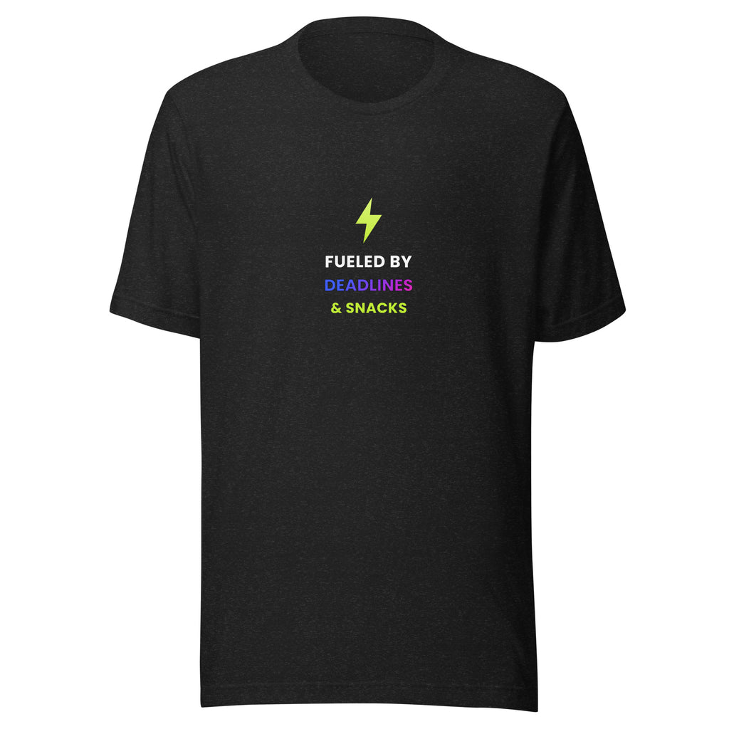 Fueled by Deadlines & Snacks Tee — TrendChase gradient design on dark navy