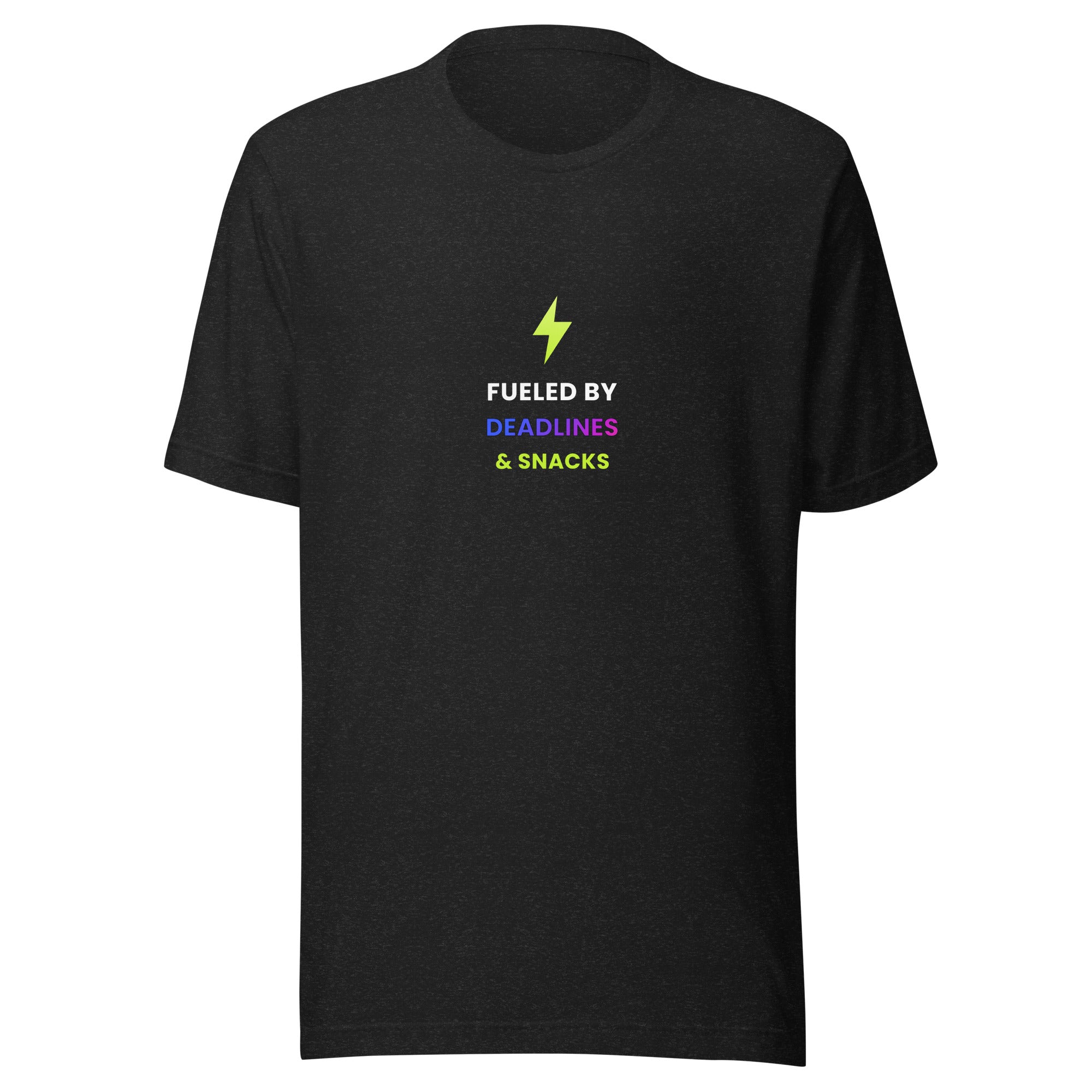 Fueled by Deadlines & Snacks Tee — TrendChase gradient design on dark navy