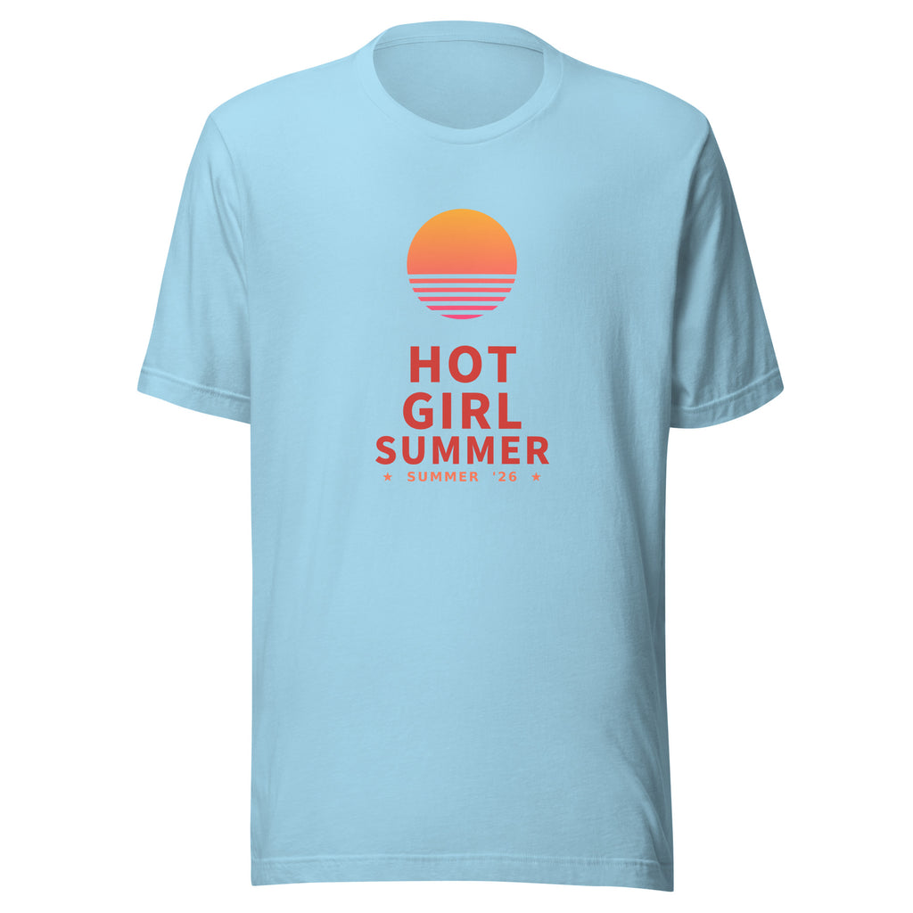 Hot Girl Summer retro sunset graphic t-shirt in ocean blue, vintage 70s summer tee