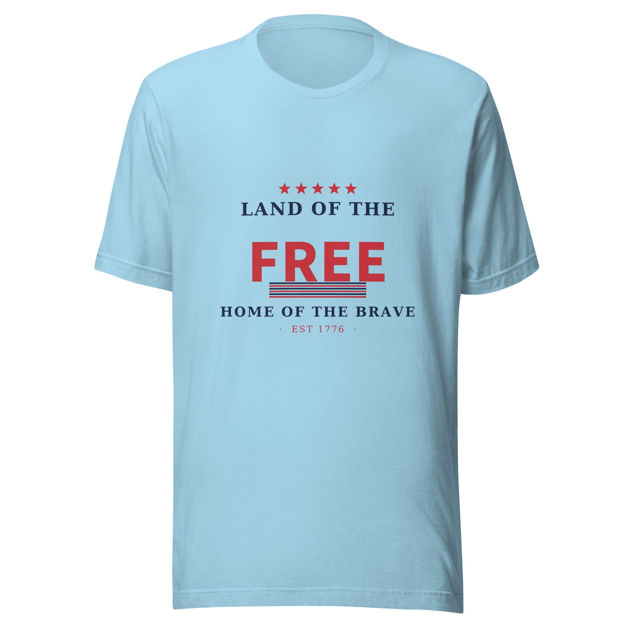 Land of the Free 4th of July t-shirt with stars and stripes in ocean blue, patriotic tee