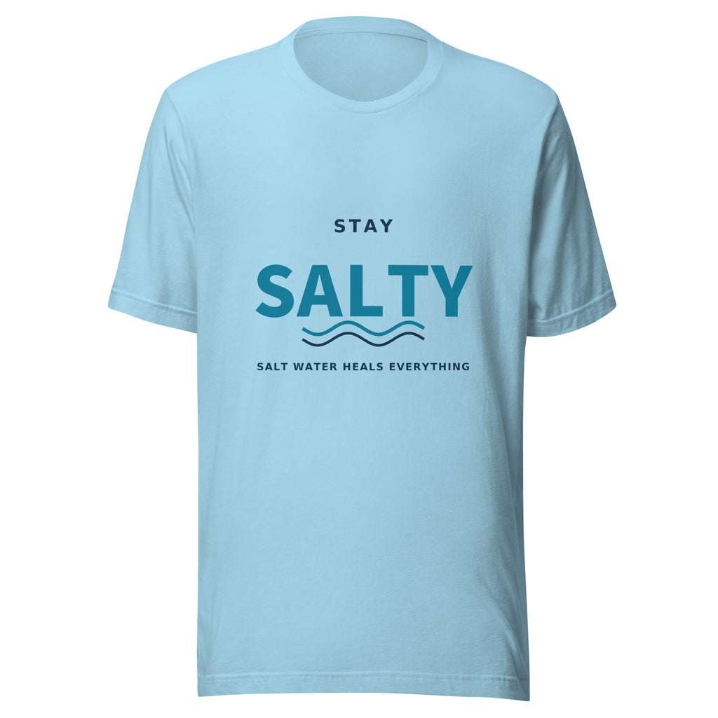 Stay Salty ocean wave graphic t-shirt in ocean blue, coastal surf summer tee