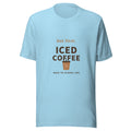 But First Iced Coffee graphic t-shirt in ocean blue with iced coffee cup, back-to-school tee