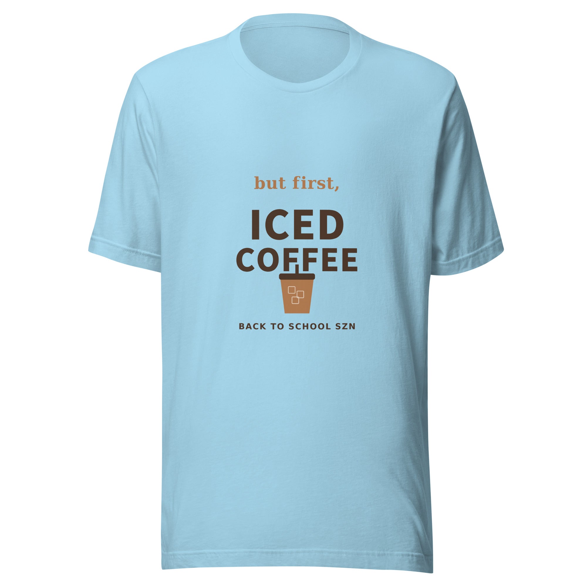 But First Iced Coffee graphic t-shirt in ocean blue with iced coffee cup, back-to-school tee