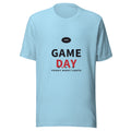Game Day football graphic t-shirt in ocean blue with varsity stripes, tailgate tee