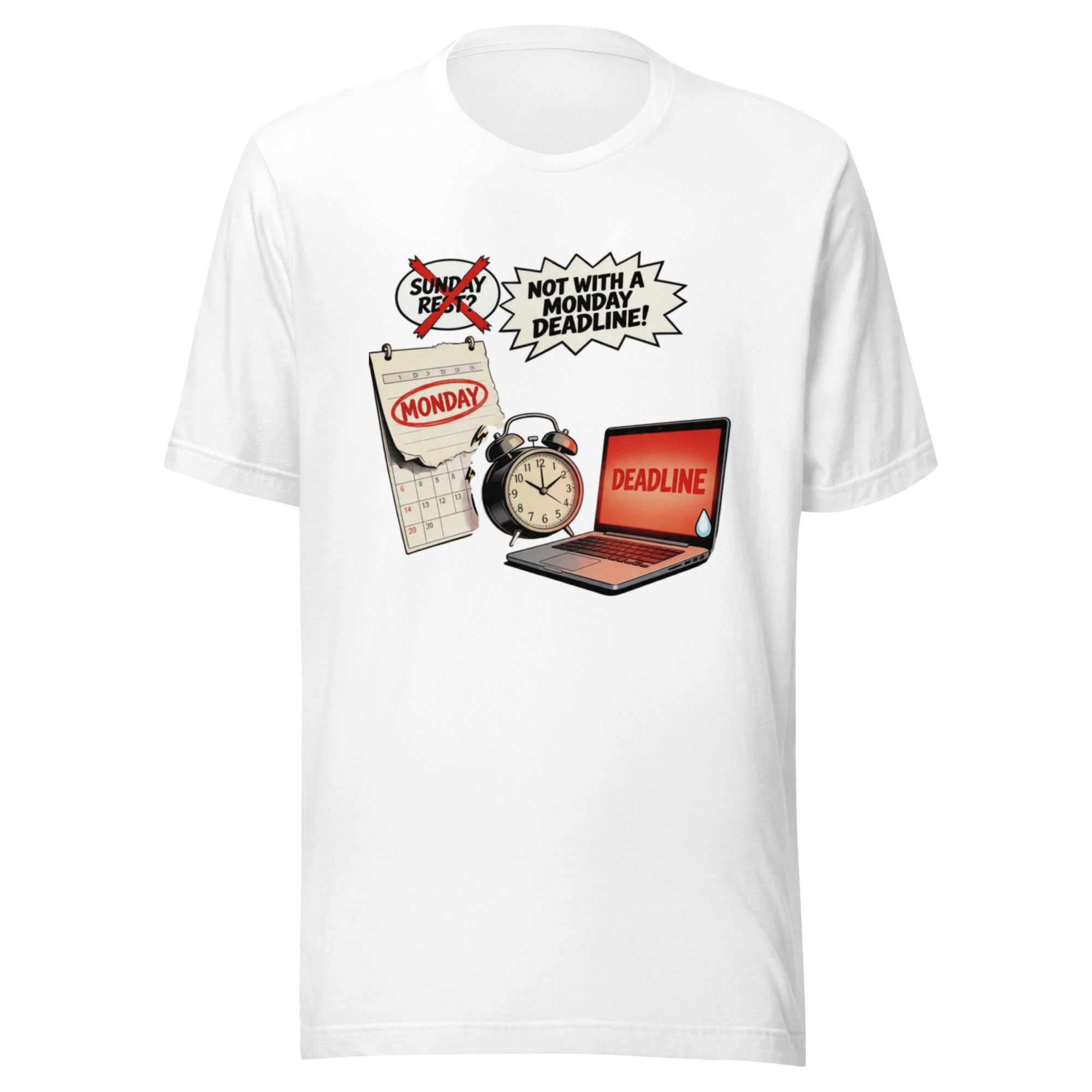 Sunday Rest Monday Deadline comic style graphic t-shirt with alarm clock design